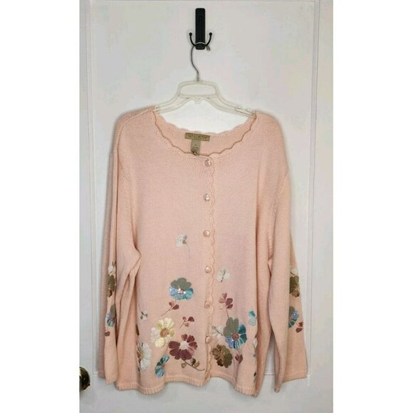 SO FORTH Sweaters - So Forth Embroidered Sequin Floral Cardigan Light Pink Sz 2X Linen Cotton Blend